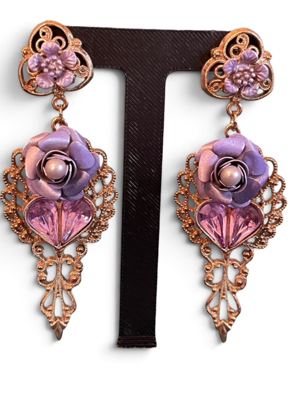 Vintage 1928 Purple Enamel Faux Pearl Heart Rhinestone Dangle Pierced Earrings - Picture 1 of 8